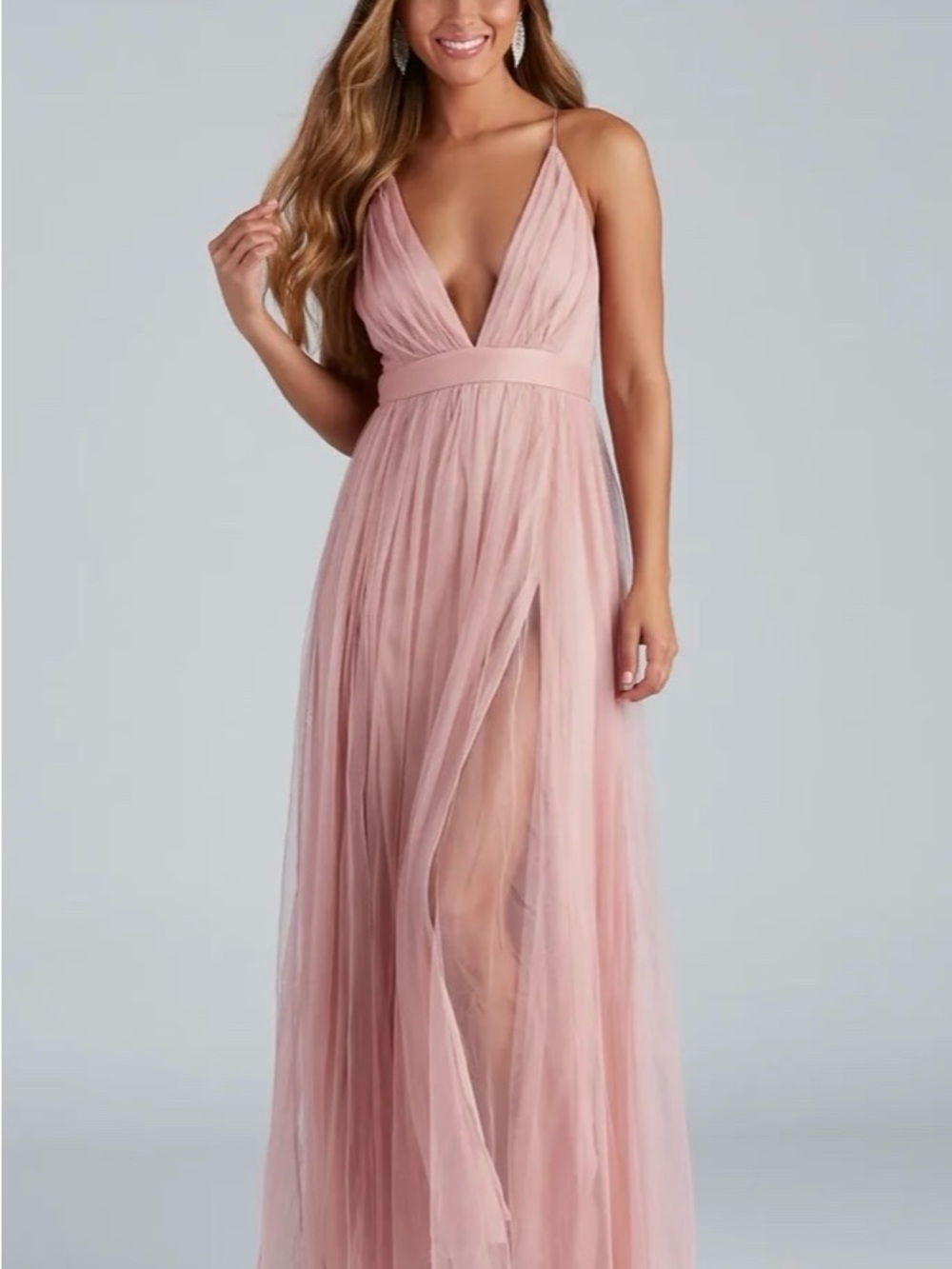 Windsor Dusty Rose Plunge V-Neck Tulle Maxi Dress